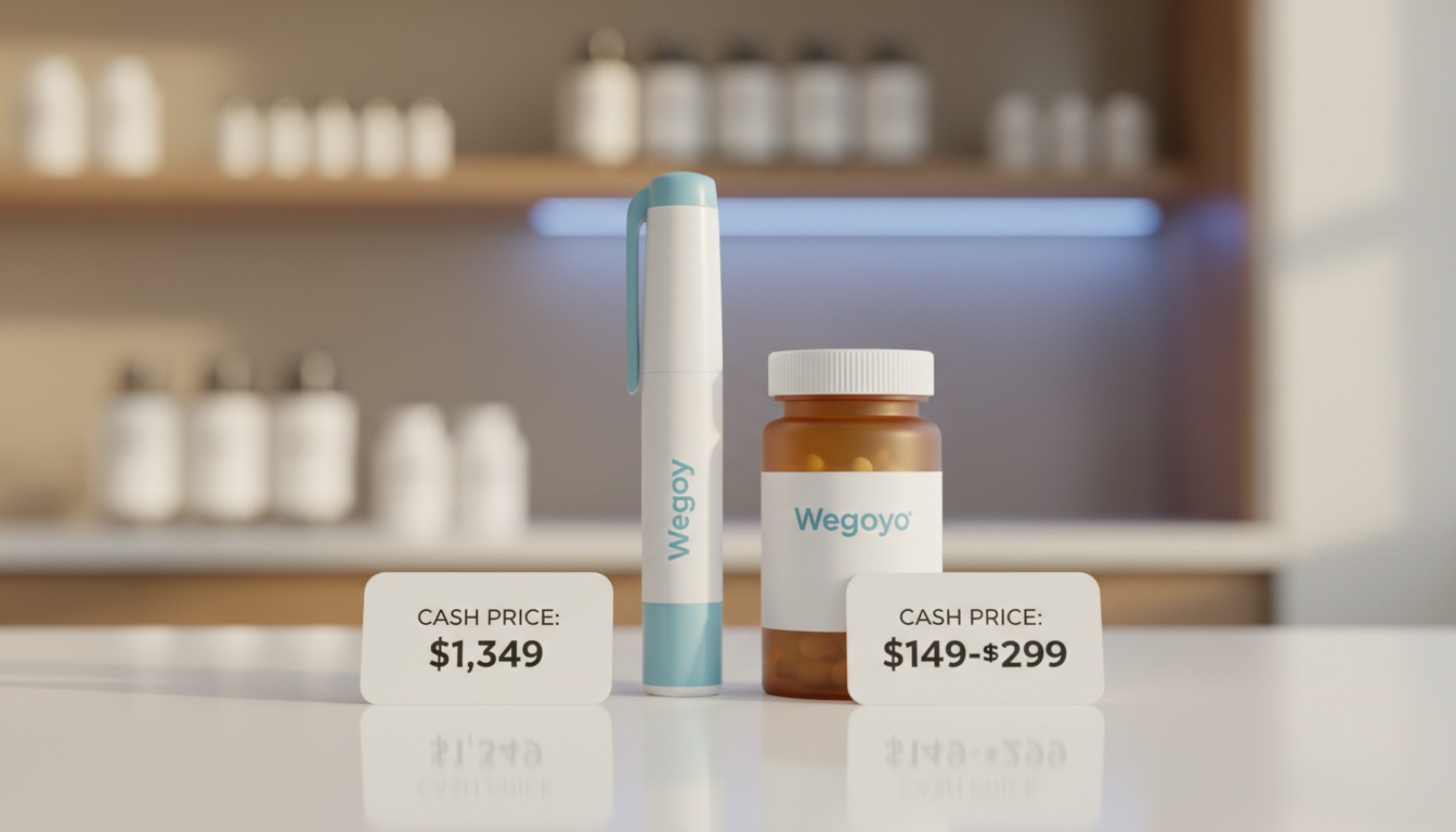 A side-by-side comparison of the Wegovy injection pen and the new Wegovy oral pill bottle, with their respective cash prices ($1,349 vs. $149-$299) clearly labeled.