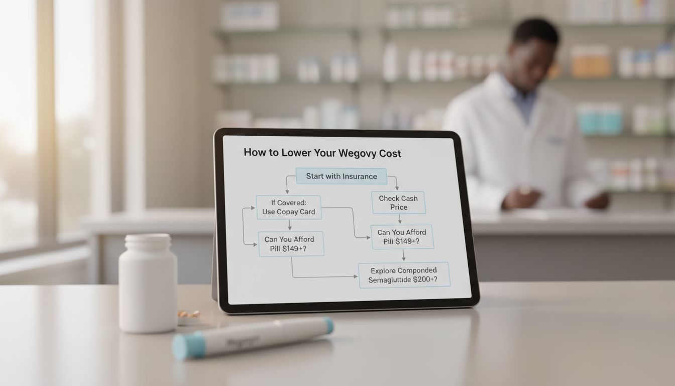 A flowchart graphic titled "How to Lower Your Wegovy Cost" showing the decision path: Start with Insurance > If covered, use copay card. If not covered > Check Cash Price > Can you afford pill ($149+)? > If not > Explore Compounded Semaglutide ($200+).