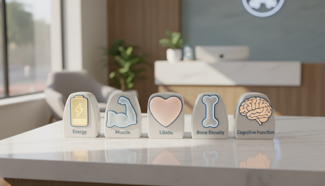 A patient-focused infographic with icons showing the key benefits of TRT: a battery for energy, a flexed arm for muscle, a heart for libido, a bone for bone density, and a brain for cognitive function.