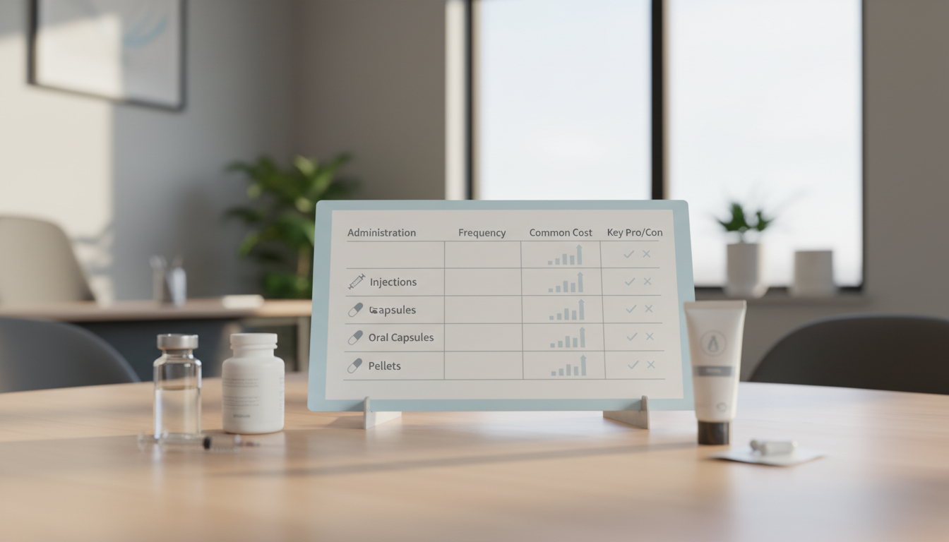 A comparison table showing four TRT methods (Injections, Oral Capsules, Gels, Pellets) with columns for Administration, Frequency, Common Cost, and Key Pro/Con.